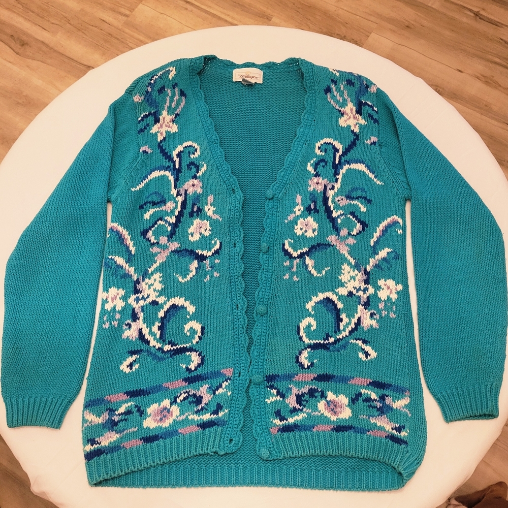 VINTAGE Worthington Floral Cable Knit Cardigan|Women's Large|Teal